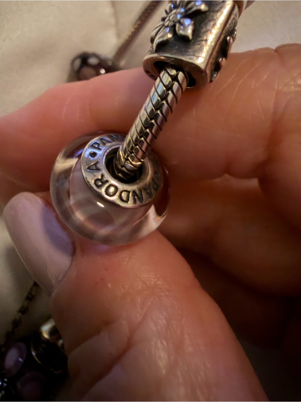 Pandora Sterling Silver Bracelet with Pink and Mauve Murano Glass and Charms - Picture 9 of 11